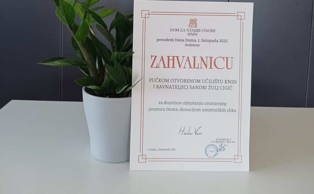 Zahvalnica Pučkom otvorenom učilištu Knin