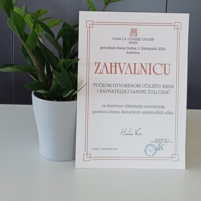 Zahvalnica Pučkom otvorenom učilištu Knin